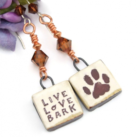 dog paw print live love bark earrings ceramic swarovski crystals