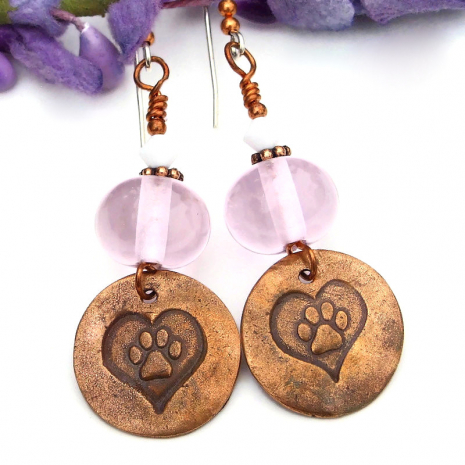 dog paw prints in hearts and pink lampwork dog rescue earrings