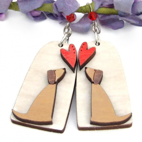 The handmade DOG LOVE earrings feature artisan dog and hearts wooden dangles, red Swarovski crystals and sterling silver - perfect jewelry gift for the dog lover. dogs dog hearts handmade jewelry lightweight wood red Swarovski crystals