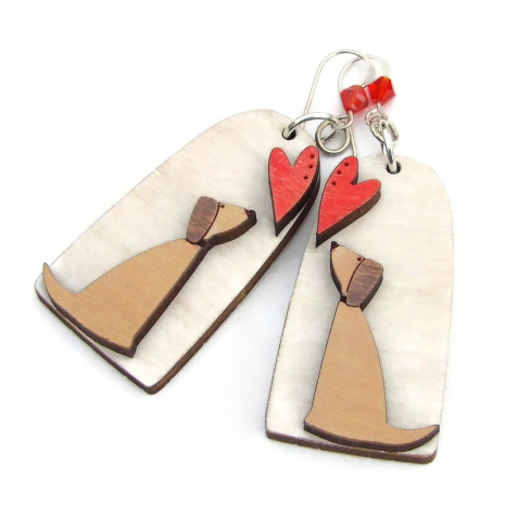The unique earrings are approximately 2.5 inches / 6.4 cm long measured from the top curve of the sterling earwires. dogs hearts jewelry wood crystals lightweight