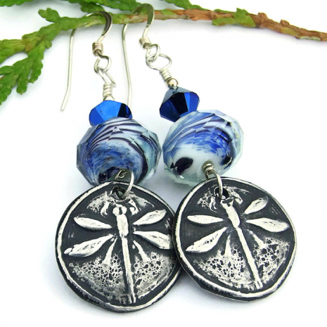 dragonfly and blue glass earrings