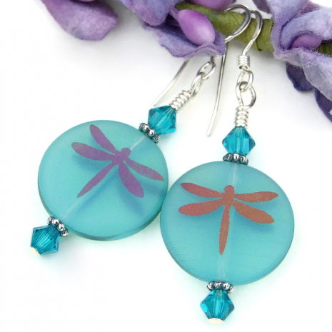 dragonfly dragonflies handmade earrings swarovski crystals laser etched aqua