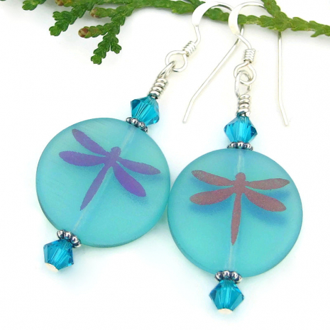 dragonfly dragonflies handmade jewelry swarovski crystals laser etched aqua blue