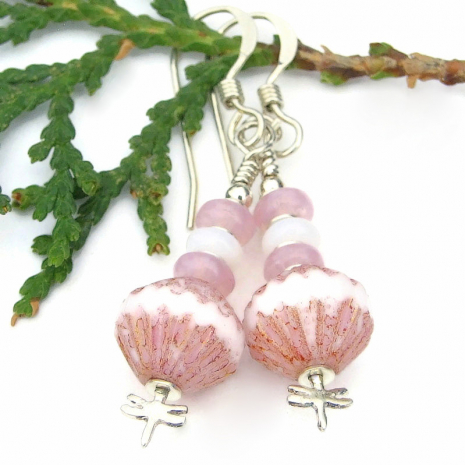 dragonfly earrings handmade jewelry gift pink white