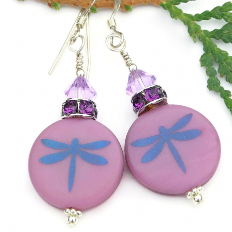 dragonfly earrings handmade purple laser etched swarovski crystals