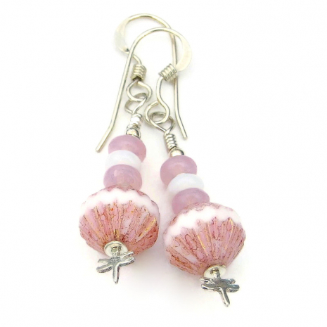 dragonfly jewelry handmade earrings gift pink white