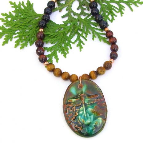 dragonfly lotus flower jewelry brown green lotus flowers tigers eye gemstones