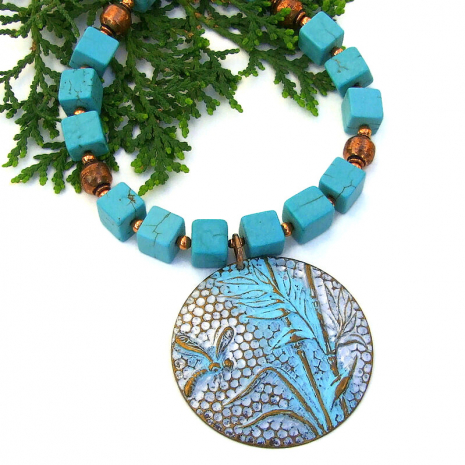 dragonfly pendant necklace turquoise magnesite copper