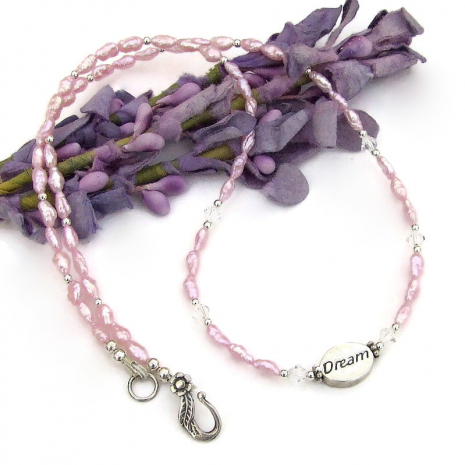 dream two sided focal necklace handmade pink vintage pearls crystals