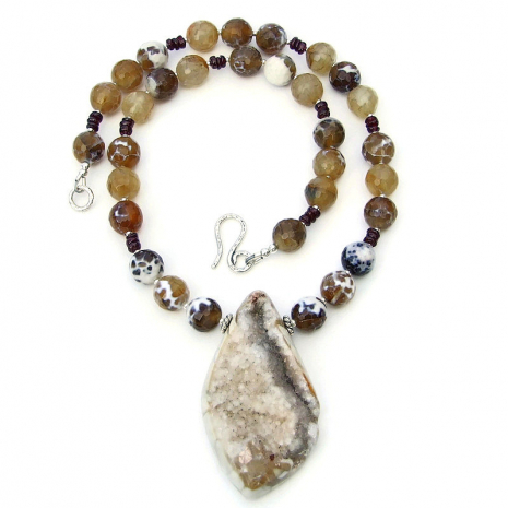 druzy agate pendant necklace brown fire agate red garnet