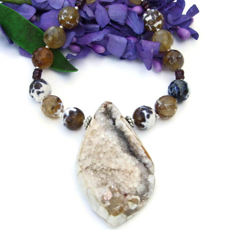 druzy gemstone necklace fire agate red garnet gift for her