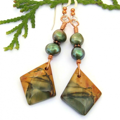 earthy red creek jasper handmade jewelry green pearls copper