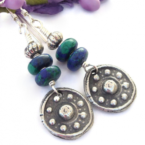 eightfold path earrings handmade pewter blue green azurite malachite gemstones