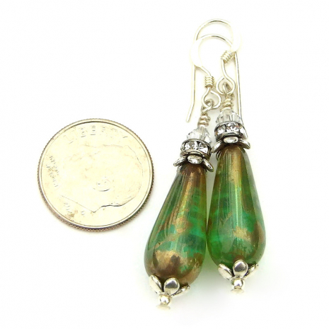elegant green czech glass earrings swarovski crystals