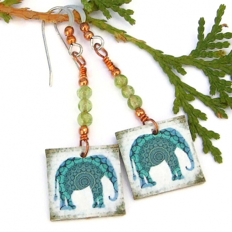 elephant earrings mandala peridot gemstones lightweight