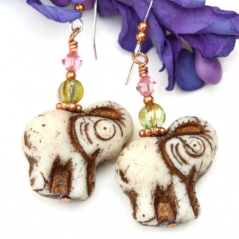 elephant jewelry with lime green glass pink crystals