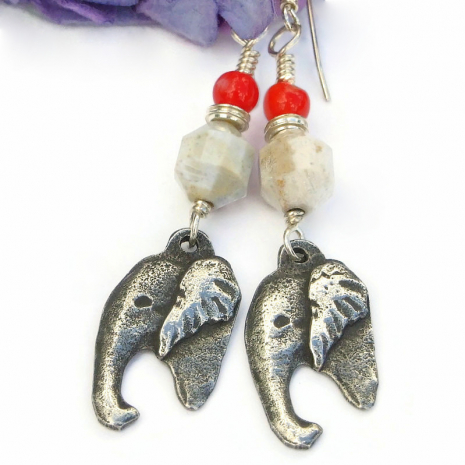 elephant lover handmade jewelry jasper coral pewter sterling silver