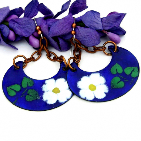 enamel boho flower floral earrings blue white copper chain