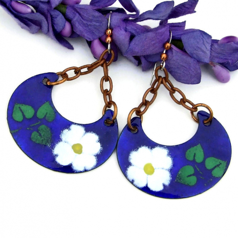 enamel boho flower floral jewelry blue white copper chain