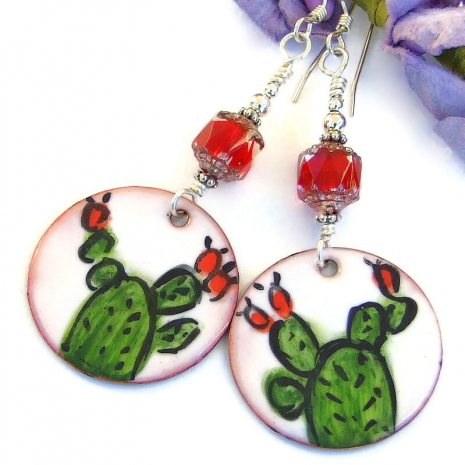 enamel cactus earrings handmade red Czech cathedral glass