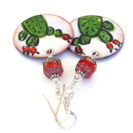 enamel cactus jewelry handmade red Czech cathedral glass