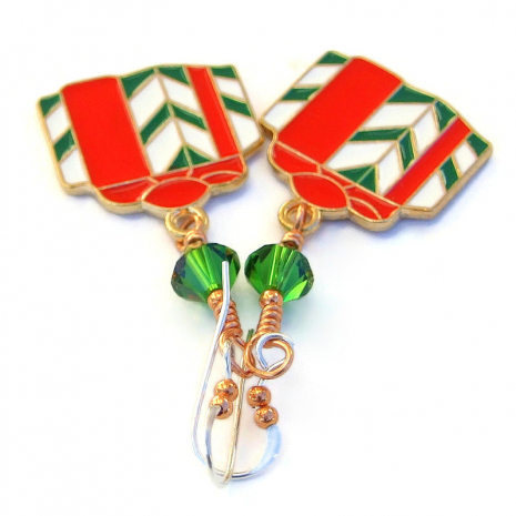 The handmade CHRISTMAS GIFTS earrings shown from the top. enamel christmas gifts presents jewelry handmade red green white