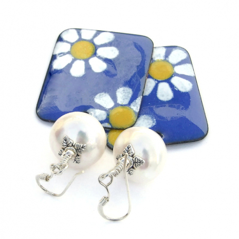 enamel daisy flower jewelry handmade pearls