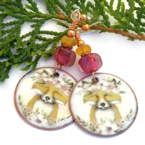enamel fox with flowers earrings pink amber