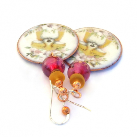 enamel fox with flowers jewelry pink amber