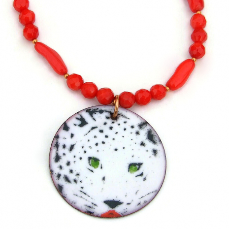 enamel snow leopard pendant necklace handmade gift for her