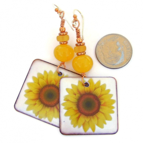 enamel sunflower earrings yellow copal