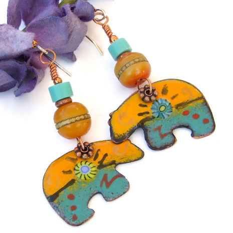 enamel turquoise orange zuni bear fetish earrings handmade