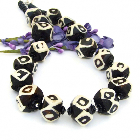 ethnic batik bone and black onyx necklace handmade gift for her