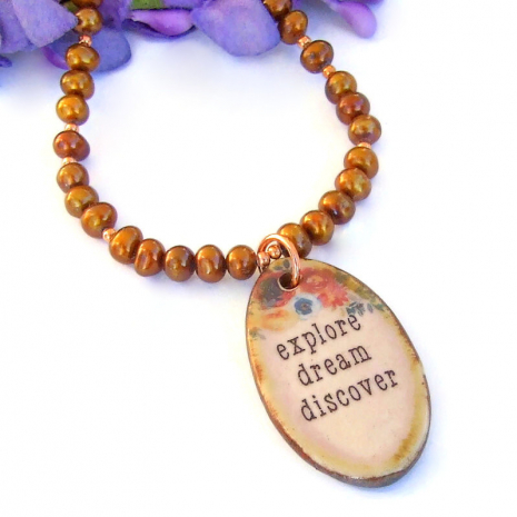 explore dream discover pendant necklace copper pearls handmade jewelry