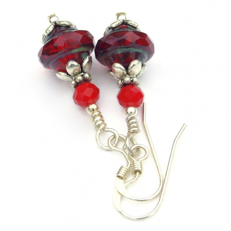 faceted red czech glass Saturn jewelry handmade flower bead caps