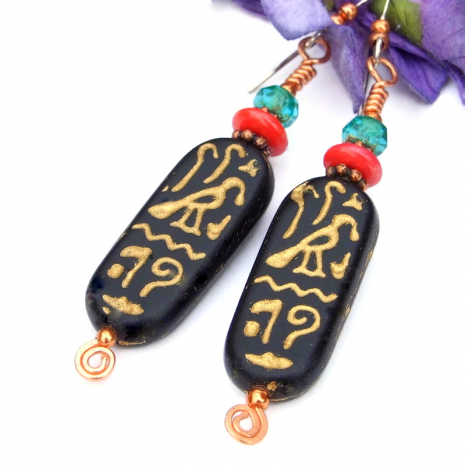 falcon spirals waves hieroglyphs earrings handmade cartouche black gold