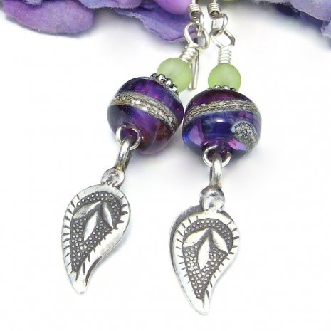 fine silver leaf handmade jewelry Thai Hill Tribe purple lampwork green glass