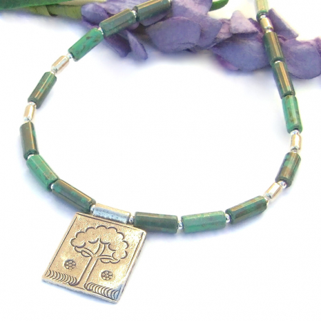 fine silver tree of life flowers pendant jewelry handmade green Czech glass