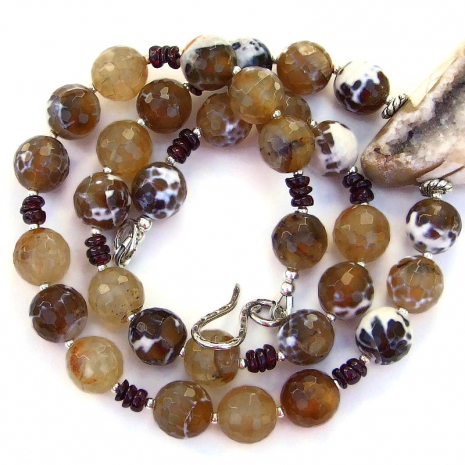 fire agate and red garnet gemstone necklace with druzy pendant