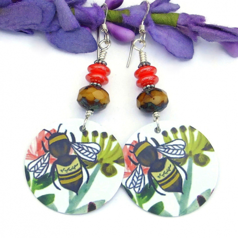 floral bees bee lover handmade earrings faux tin