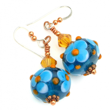 floral flower handmade earrings blue orange gift for her