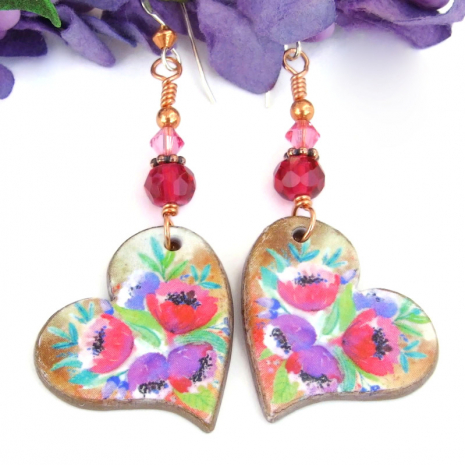 floral flower heart earrings pink purple valentines day