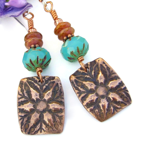 floral flower star jewelry handmade copper czech glass aqua opal rose pink