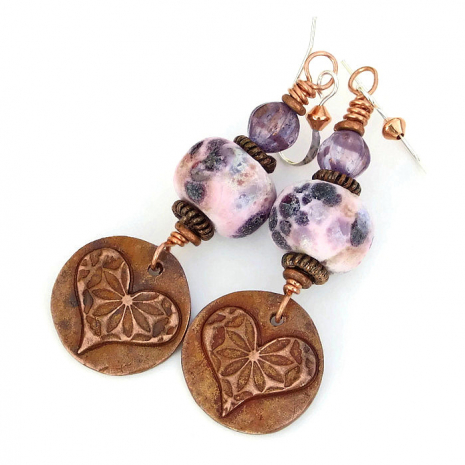 copper hearts and pink lampwork earrings