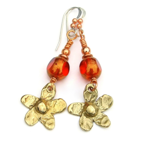 flower charm earrings handmade gift for women gold bronze