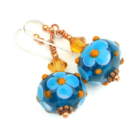 floral flower handmade jewelry blue orange gift for her