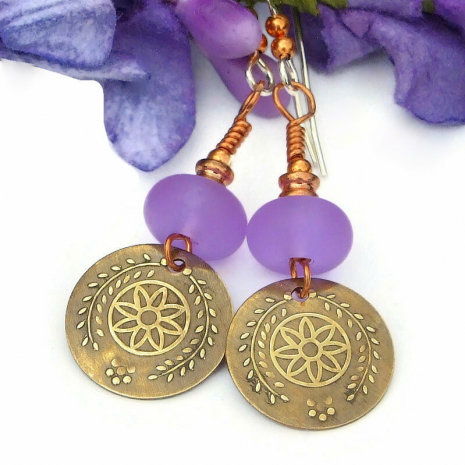 flower earrings lavender lampwork brass copper