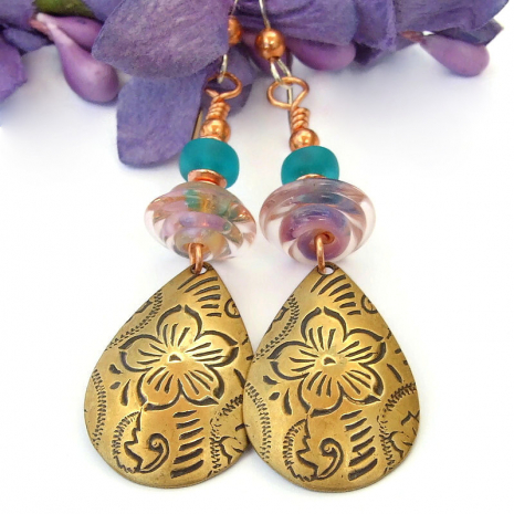 flower earrings lightweight antiqued brass lampwork gift for her