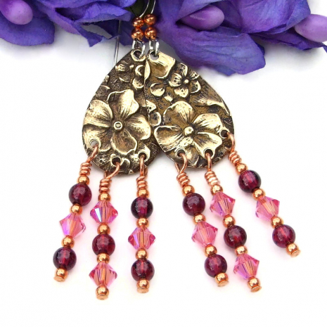 flower floral boho chandelier earrings pink crystals red garnet