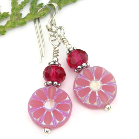 flower floral earrings pink daisies raspbery glass handmade